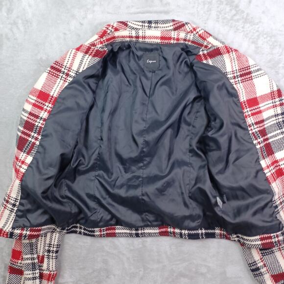Express Women Plaid Wool Blend Moto Belted Jacket Medium Black Red Preppy Bomber - Picture 12 of 14